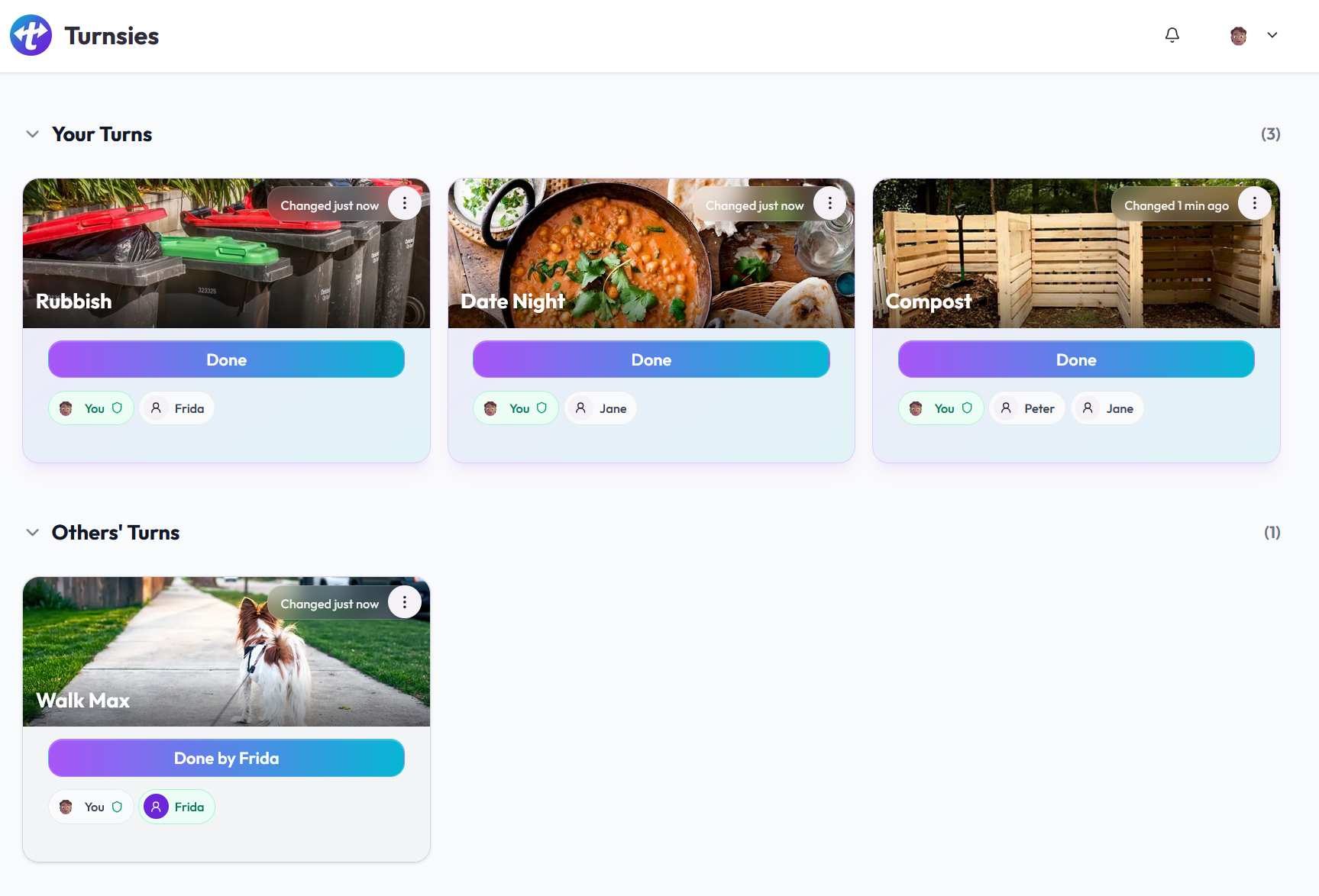 Turnsies showing your turns and others' turns as picture cards, each with a Done button and who is up next.