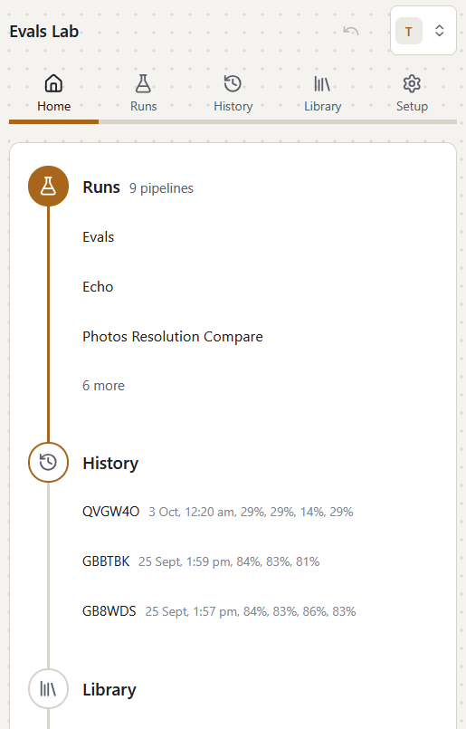 The evals-lab home screen at phone width, with runs and recent history stacked.
