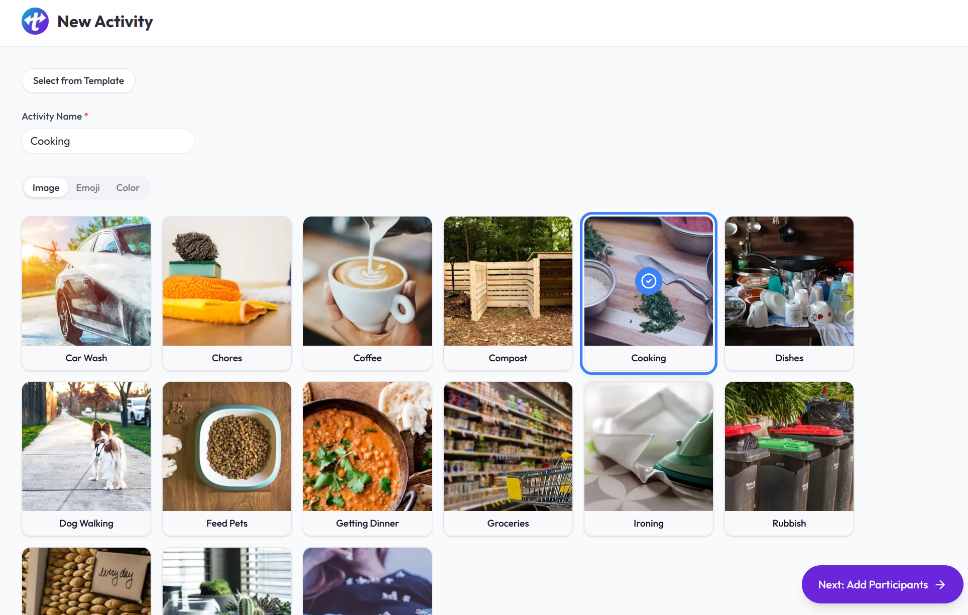 Creating a new activity and choosing a picture for it, such as cooking, dishes or dog walking.